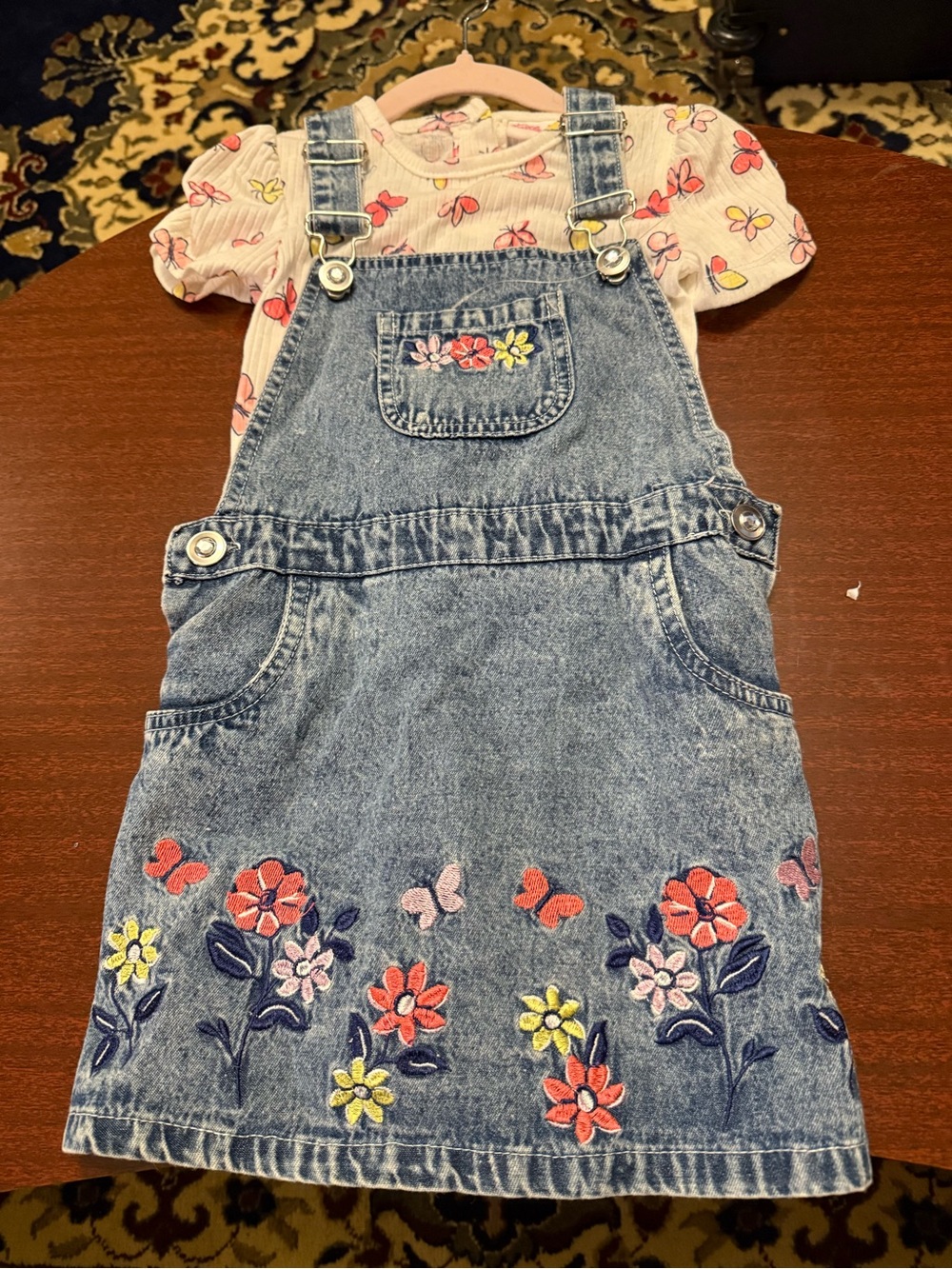 Denim Floral Embroidered Girls' Pinafore Dress - Blue
